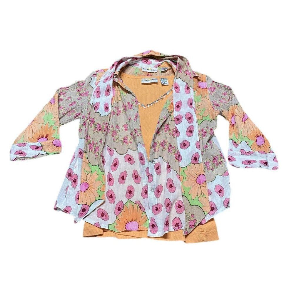 Sun Bay Sport Button Up Shirt Floral Hawaiian Tank Top And Scarf Set Size Medium